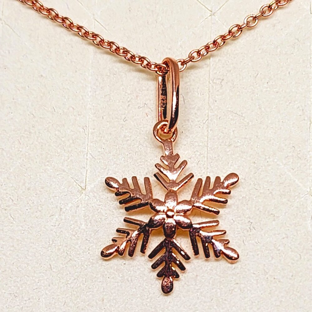 14K RG over Sterling snowflake pendant w/14k RG plated 316L Stainless chain 20"